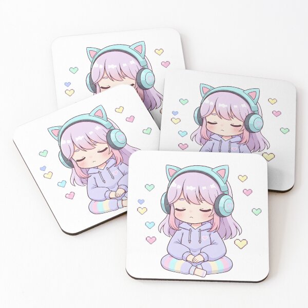 Item preview, Pastel Kawaii Girl Meditating with Cat Headphones and LoFi Vibes designed and sold by VibranPalette.
