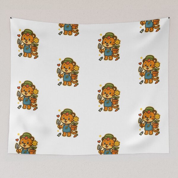 Item preview, Cute Gardener Tiger with Flower Pot – Whimsical Illustration designed and sold by Joyfulfabric.