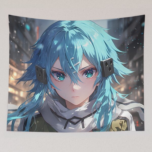Item preview, Sinon Sword Art Online Blue Hair Winter City Lights Waifu designed and sold by earlobejerk.