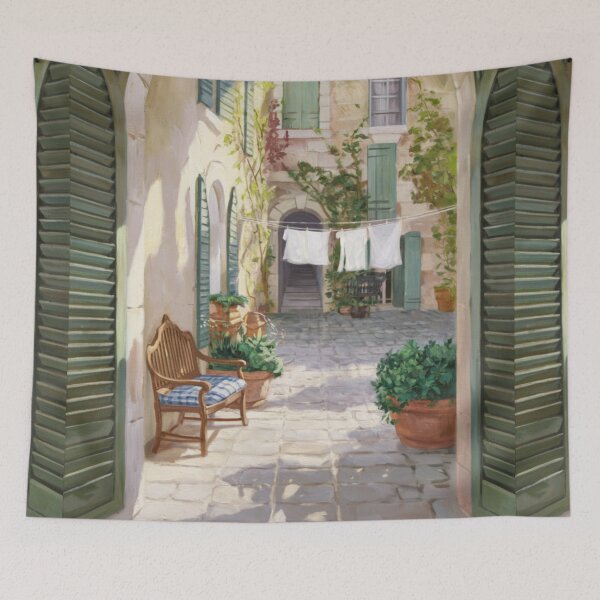 Item preview, Sunlit French Courtyard Scene | Provence Village Lifestyle Painting designed and sold by CARRAANN.