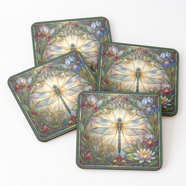 Item preview, Stained Glass Dragonfly With Lilies and Irises designed and sold by Tridentulus.