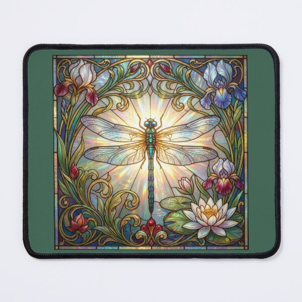 Item preview, Stained Glass Dragonfly With Lilies and Irises designed and sold by Tridentulus.