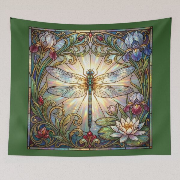 Item preview, Stained Glass Dragonfly With Lilies and Irises designed and sold by Tridentulus.