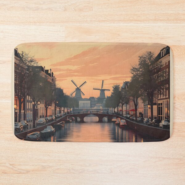 Item preview, Vintage Amsterdam Sunset Canal Poster with Windmills designed and sold by FestivityFinds.