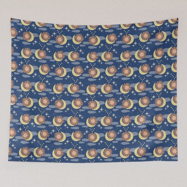Item preview, Small scale of Navy Blue Celestial Sun Moon Whimsical Night Sky Pattern designed and sold by DColourMuse.