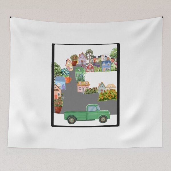 Item preview, Watercolor Village & Vintage Green Truck designed and sold by Atlasoloji.