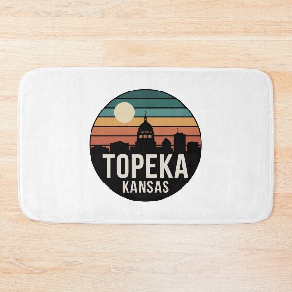 Item preview, Topeka Kansas: Retro Teal Orange Sunset Skyline Badge designed and sold by CircinusStore.