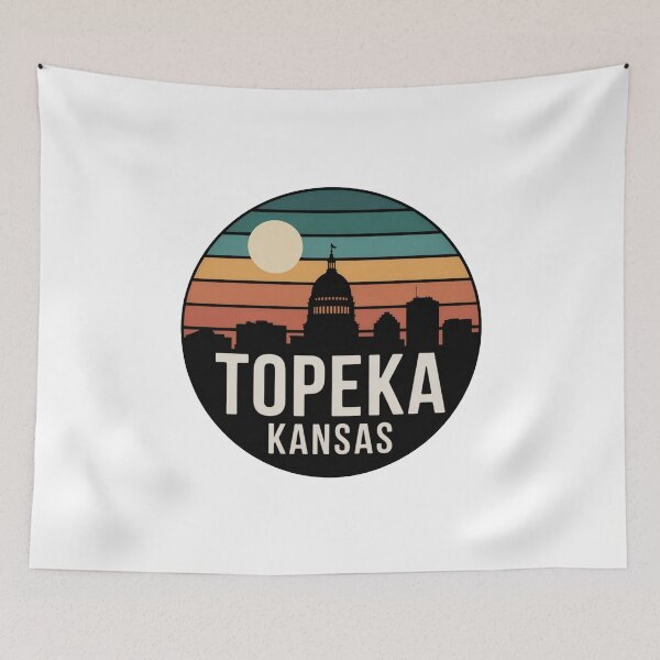 Item preview, Topeka Kansas: Retro Teal Orange Sunset Skyline Badge designed and sold by CircinusStore.