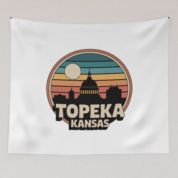Item preview, Topeka Kansas: Retro Blue Orange Sunset Skyline Badge designed and sold by CircinusStore.
