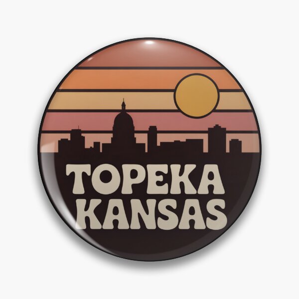 Item preview, Topeka Kansas: Retro Brown Orange Pink Sunset Skyline Badge designed and sold by CircinusStore.