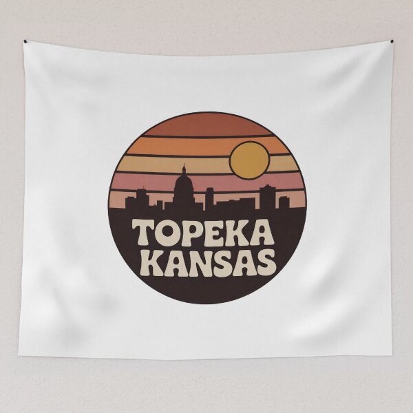 Item preview, Topeka Kansas: Retro Brown Orange Pink Sunset Skyline Badge designed and sold by CircinusStore.