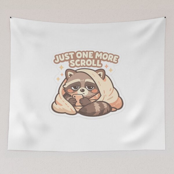 Item preview, Just one scroll more- cute raccoon sleepy stickers showing mobile addiction  designed and sold by ZenGrowth4.