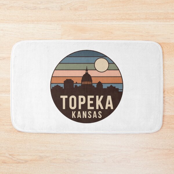 Item preview, Topeka Kansas: Retro Blue Green Sunset Skyline Badge designed and sold by CircinusStore.