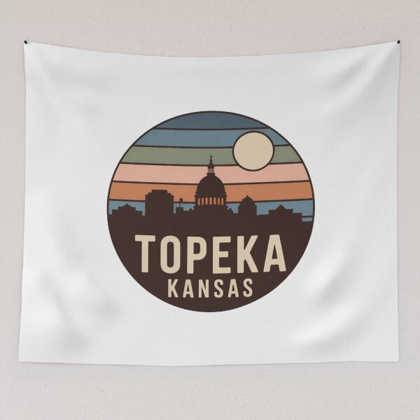 Item preview, Topeka Kansas: Retro Blue Green Sunset Skyline Badge designed and sold by CircinusStore.