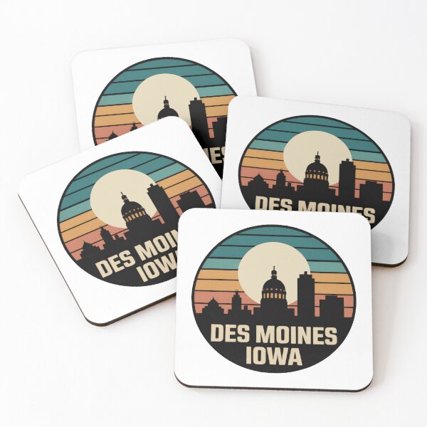 Item preview, Des Moines Iowa: Retro Teal Orange Sunset Skyline Badge designed and sold by CircinusStore.