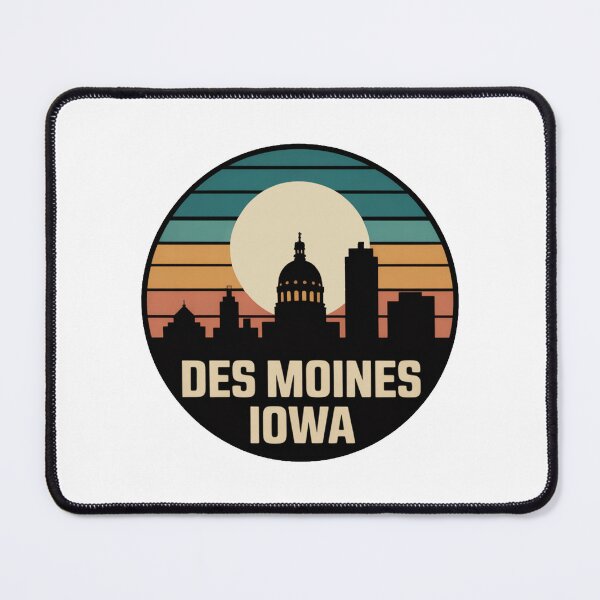 Item preview, Des Moines Iowa: Retro Teal Orange Sunset Skyline Badge designed and sold by CircinusStore.