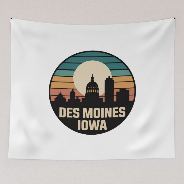 Item preview, Des Moines Iowa: Retro Teal Orange Sunset Skyline Badge designed and sold by CircinusStore.