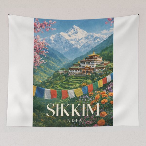 Item preview, Sikkim India Kanchenjunga Valley Monastery Prayer Flags Landscape designed and sold by Places On Earth.