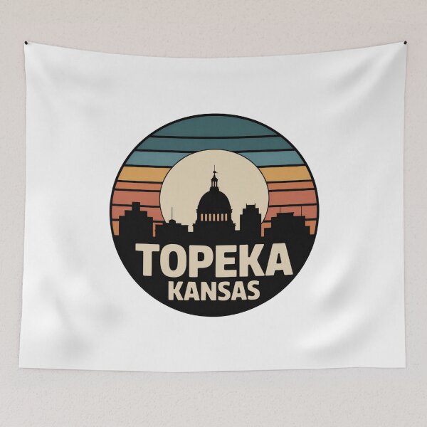 Item preview, Topeka Kansas: Retro Blue Orange Red Sunset Skyline Badge designed and sold by CircinusStore.