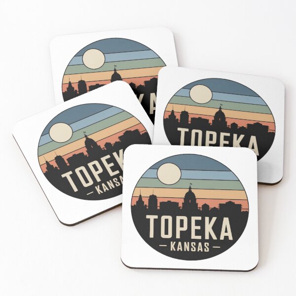 Item preview, Topeka Kansas: Retro Blue Green Orange Sunset Skyline Badge designed and sold by CircinusStore.