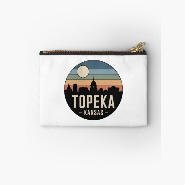 Item preview, Topeka Kansas: Retro Blue Green Orange Sunset Skyline Badge designed and sold by CircinusStore.