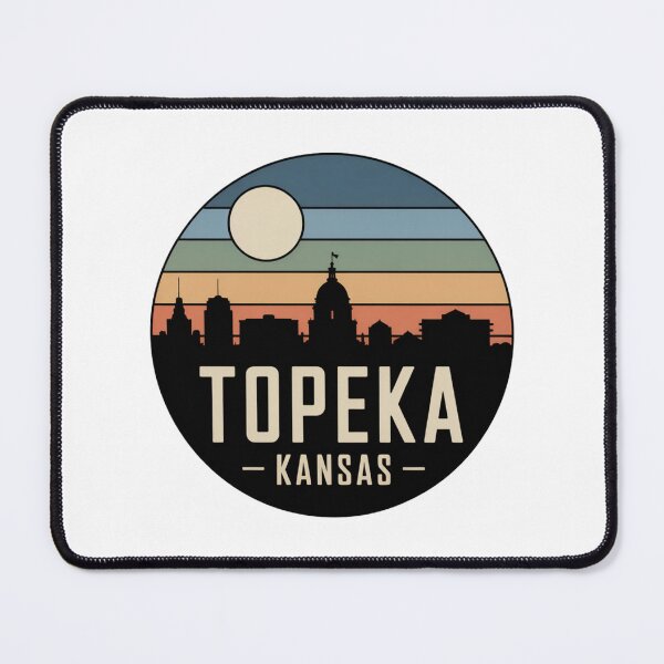 Item preview, Topeka Kansas: Retro Blue Green Orange Sunset Skyline Badge designed and sold by CircinusStore.