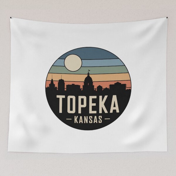 Item preview, Topeka Kansas: Retro Blue Green Orange Sunset Skyline Badge designed and sold by CircinusStore.