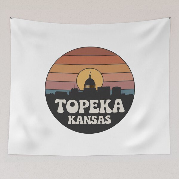 Item preview, Topeka Kansas: Retro Orange Red Blue Sunset Skyline Badge designed and sold by CircinusStore.