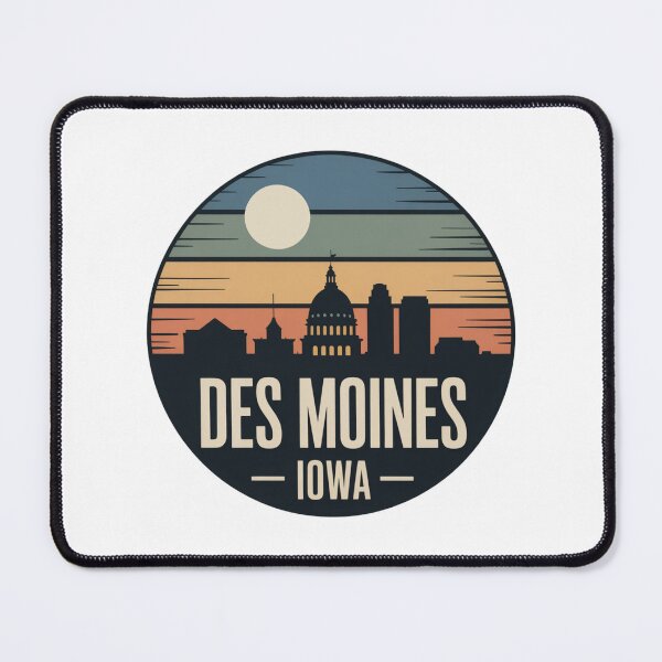 Item preview, Des Moines Iowa: Retro Blue Green Orange Sunset Skyline Badge designed and sold by CircinusStore.