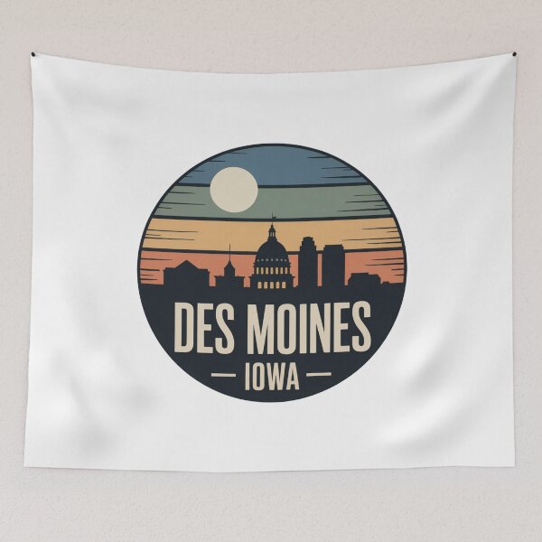 Item preview, Des Moines Iowa: Retro Blue Green Orange Sunset Skyline Badge designed and sold by CircinusStore.