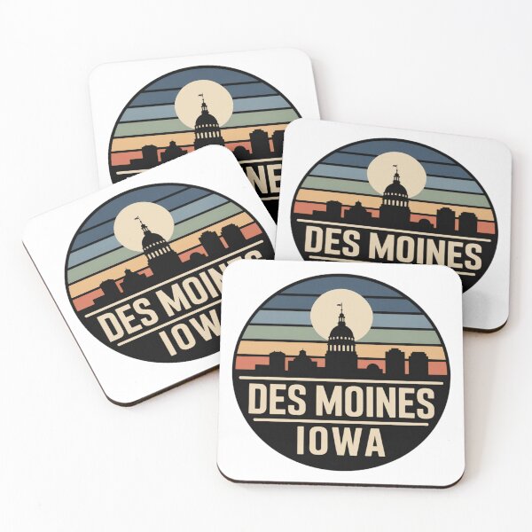 Item preview, Des Moines Iowa: Retro Blue Orange Sunset Skyline Badge designed and sold by CircinusStore.