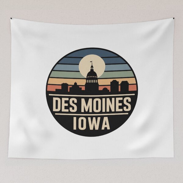 Item preview, Des Moines Iowa: Retro Blue Orange Sunset Skyline Badge designed and sold by CircinusStore.