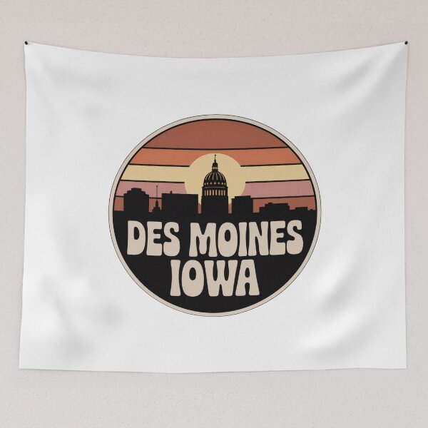 Item preview, Des Moines Iowa: Retro Brown Tan Orange Sunset Skyline Badge designed and sold by CircinusStore.