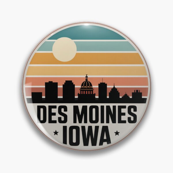 Item preview, Des Moines Iowa: Retro Teal Orange Yellow Sunset Skyline Badge designed and sold by CircinusStore.