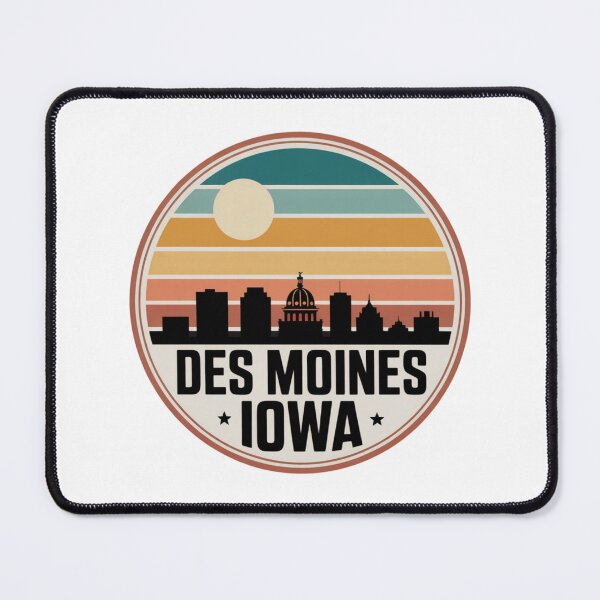 Item preview, Des Moines Iowa: Retro Teal Orange Yellow Sunset Skyline Badge designed and sold by CircinusStore.