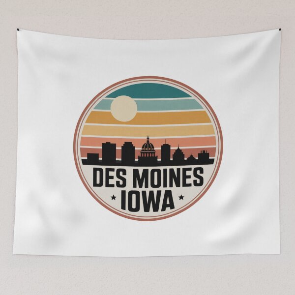 Item preview, Des Moines Iowa: Retro Teal Orange Yellow Sunset Skyline Badge designed and sold by CircinusStore.