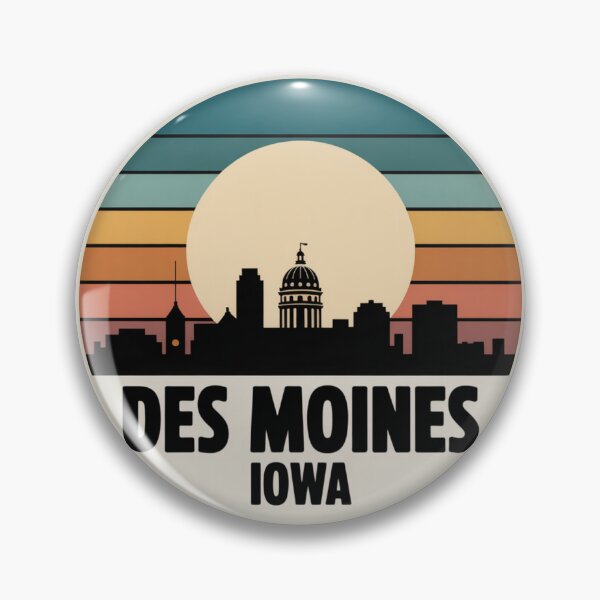 Item preview, Des Moines Iowa: Retro Blue Orange Pink Sunset Skyline Badge designed and sold by CircinusStore.