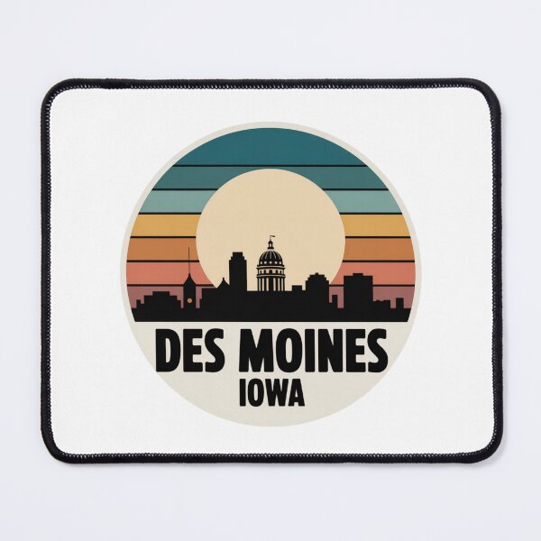 Item preview, Des Moines Iowa: Retro Blue Orange Pink Sunset Skyline Badge designed and sold by CircinusStore.