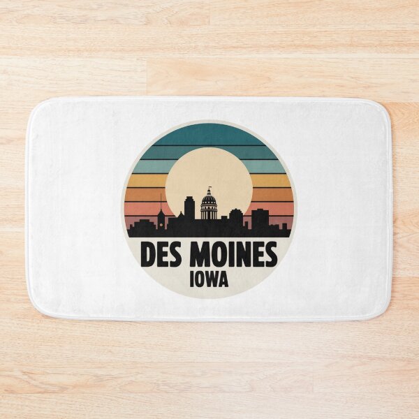 Item preview, Des Moines Iowa: Retro Blue Orange Pink Sunset Skyline Badge designed and sold by CircinusStore.