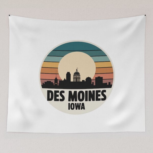 Item preview, Des Moines Iowa: Retro Blue Orange Pink Sunset Skyline Badge designed and sold by CircinusStore.