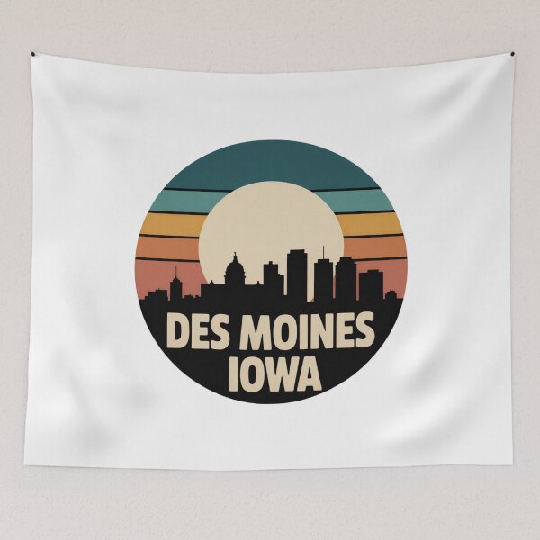 Item preview, Des Moines Iowa: Retro Teal Orange Mustard Sunset Skyline Badge designed and sold by CircinusStore.