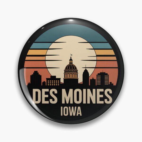 Item preview, Des Moines Iowa: Retro Blue Orange Beige Sunset Skyline Badge designed and sold by CircinusStore.