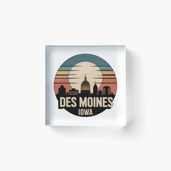 Item preview, Des Moines Iowa: Retro Blue Orange Beige Sunset Skyline Badge designed and sold by CircinusStore.