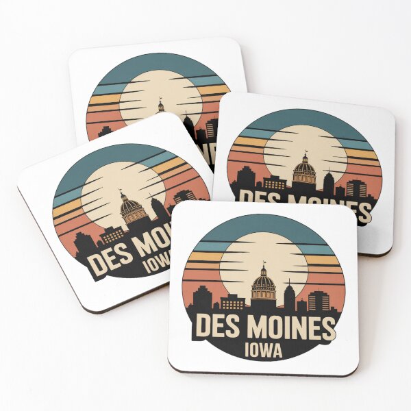 Item preview, Des Moines Iowa: Retro Blue Orange Beige Sunset Skyline Badge designed and sold by CircinusStore.