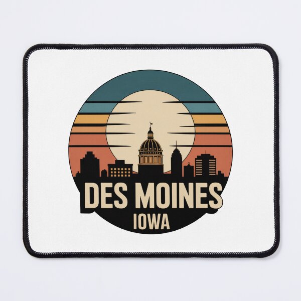 Item preview, Des Moines Iowa: Retro Blue Orange Beige Sunset Skyline Badge designed and sold by CircinusStore.