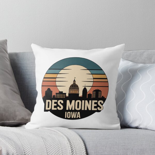 Item preview, Des Moines Iowa: Retro Blue Orange Beige Sunset Skyline Badge designed and sold by CircinusStore.