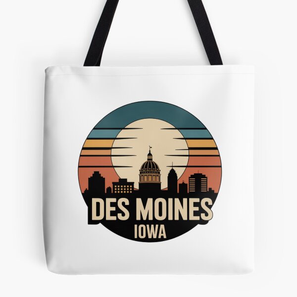 Item preview, Des Moines Iowa: Retro Blue Orange Beige Sunset Skyline Badge designed and sold by CircinusStore.
