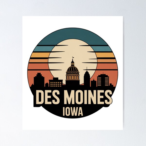 Item preview, Des Moines Iowa: Retro Blue Orange Beige Sunset Skyline Badge designed and sold by CircinusStore.