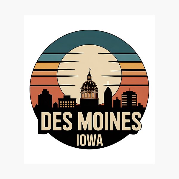 Item preview, Des Moines Iowa: Retro Blue Orange Beige Sunset Skyline Badge designed and sold by CircinusStore.