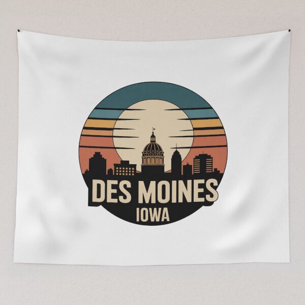 Item preview, Des Moines Iowa: Retro Blue Orange Beige Sunset Skyline Badge designed and sold by CircinusStore.